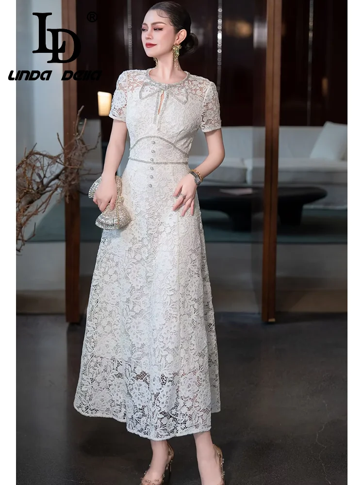 LD LINDA DELLA Fashion Designer Summer Dress Women's Vintage Flowers Embroidery Hollow Out Heavy Diamond Bow Pearls Button Dress