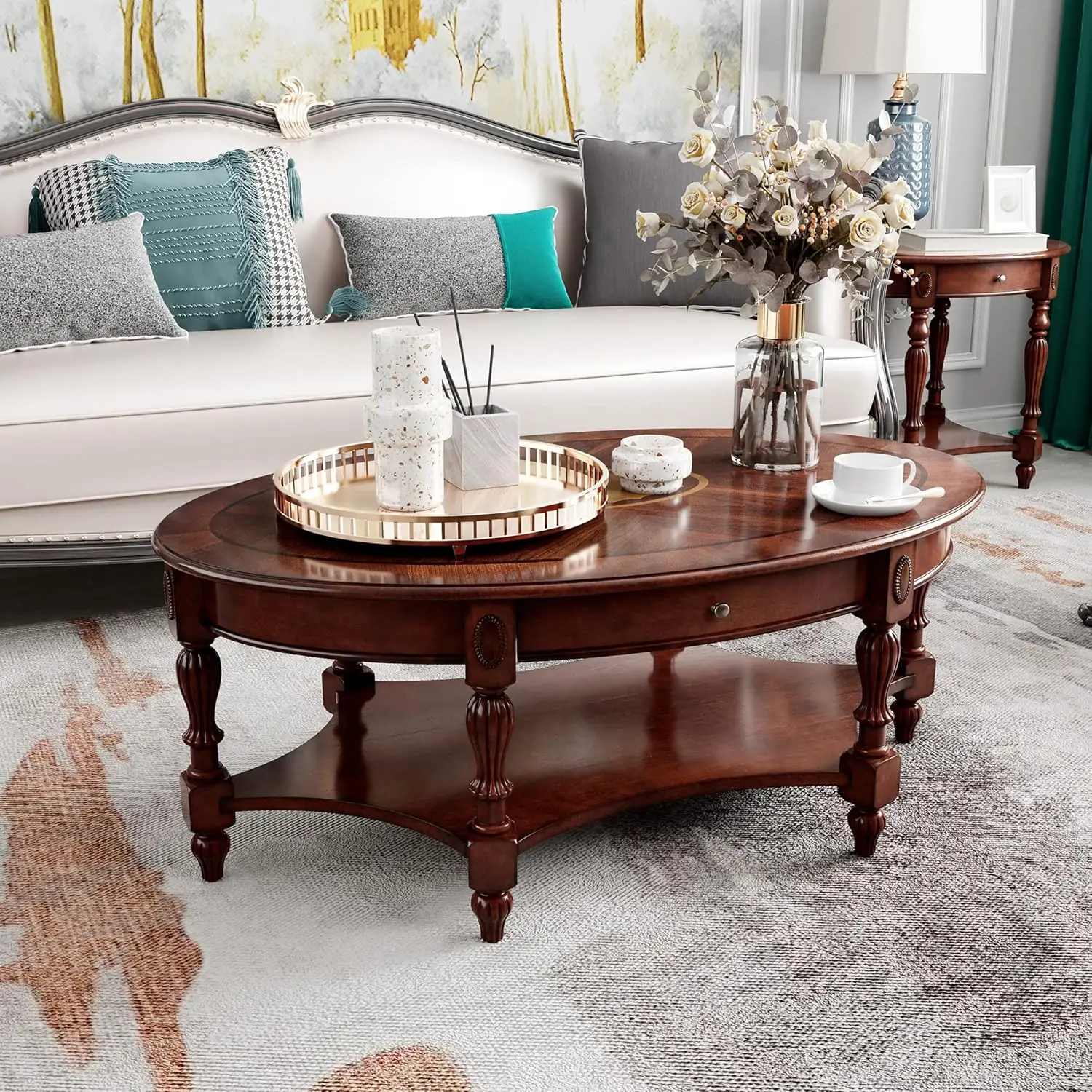 Solid Wood Oval Coffee Table with Drawer and Storage Shelf, Traditional Vintage Center Table Polished Edging Cocktail Tea Table