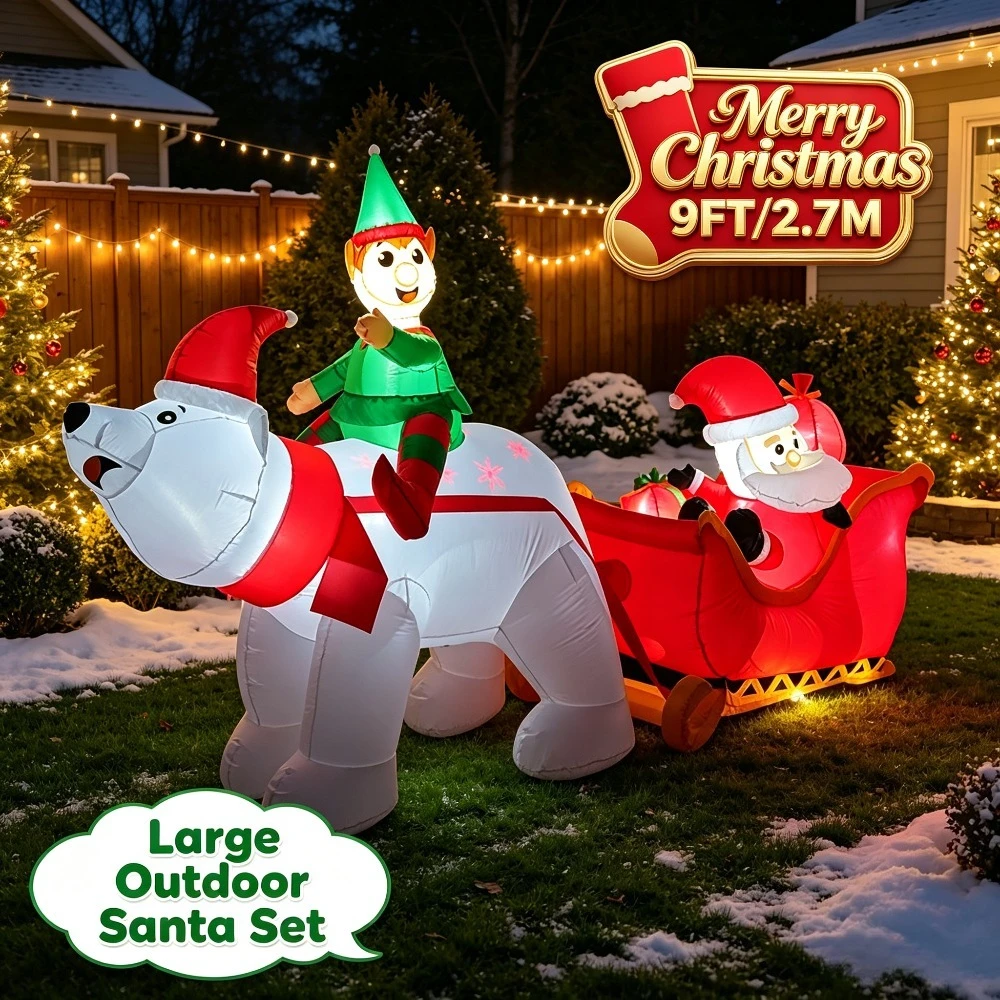 Giant 9FT Christmas Inflatable Santa Riding Sleigh Pulled By Polar Bear Waterproof Light Up Xmas Outside Driveway Family Decor