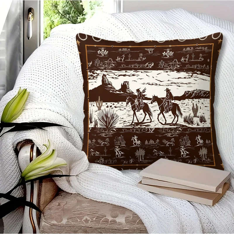 45x45cm-1Pc Microfiber Square Throw Pillow(With Pillow Insert),Ultra-Soft,Western Cowboy Print Retro Cushion For Sofa Bedroom