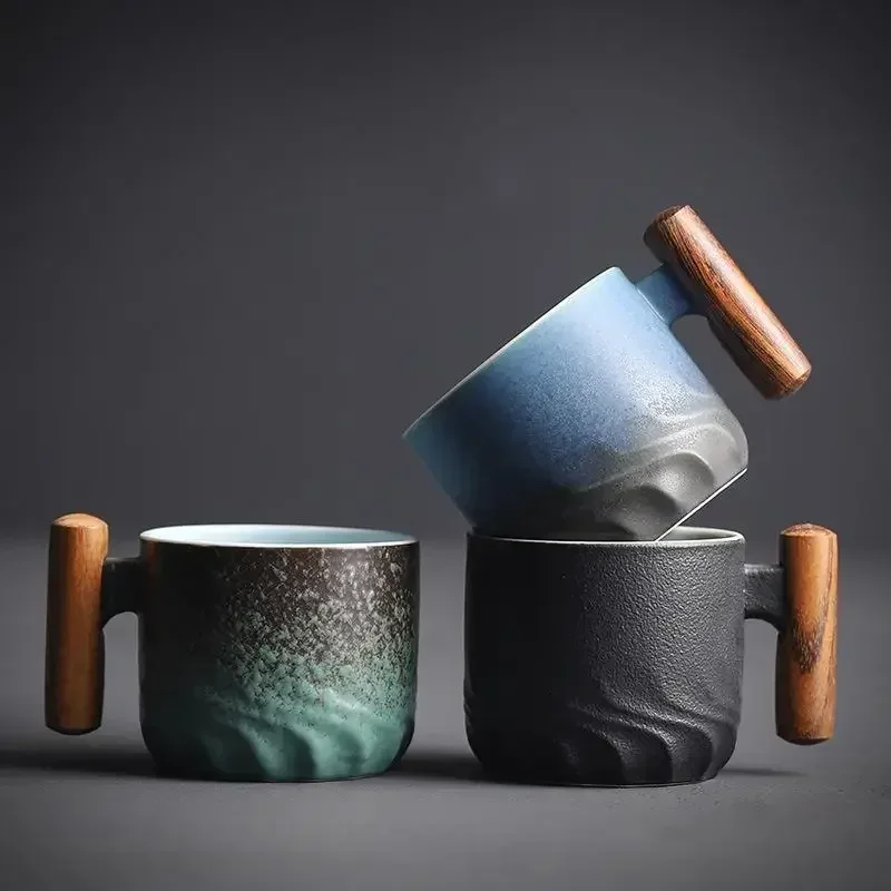 80ml Retro andmade Wooden handle Coffee Cup Ceramic Filter Tea Mug Solid Color Gradient Glaze Coffee Cup Teacup For Office home