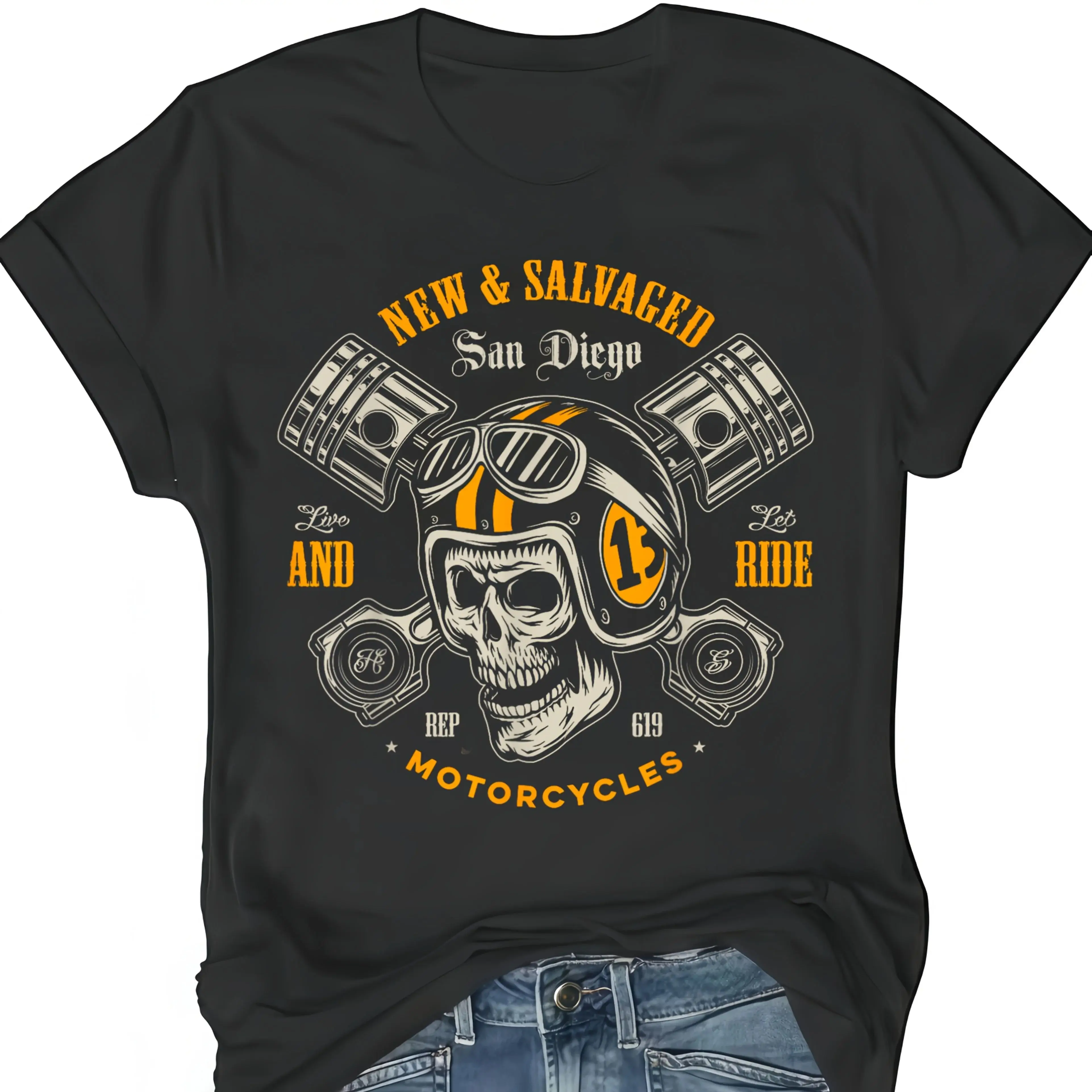 

Vintage Motorcycle & Helmet Design Skull Graphic T-Shirt Short Sleeve Crew Neck Casual Top Soft Spring Summer