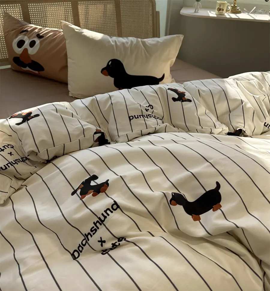 

Fashion cute cartoon dachshund stripes bedding set,twin full queen king cotton home textile bed sheet pillow case quilt cover