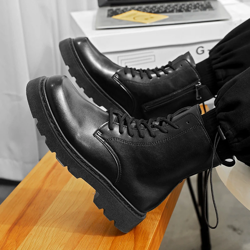 2023 Non Slip Shoes for Men Side Zip Men's Boots Versatile Ankle Boots Male Solid Round Toe Lace Up Platform Fashion Men's Shoes