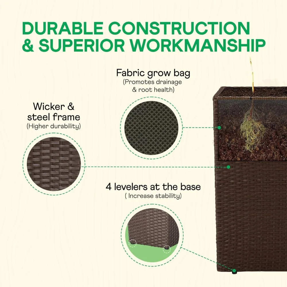 سرير حديقة مرتفع لزراعة الخوص في جميع الأحوال الجوية، وعاء زهور الروطان ذاتي السقي بطول 24 بوصة للاستخدام الداخلي والخارجي #3