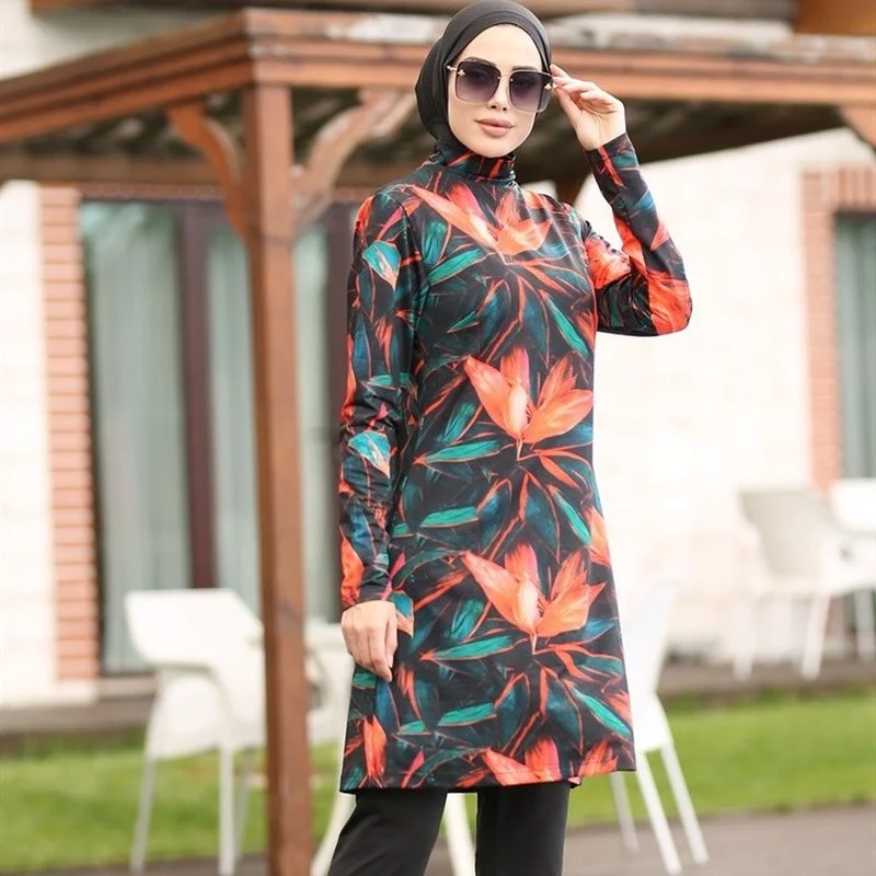 Women Muslim Swimwear Maple Leaf Printing Lslamic Clothes Hijab 3 Pcs Long Sleeves Sport Swimsuit Burkinis Bathing Suit Abaya