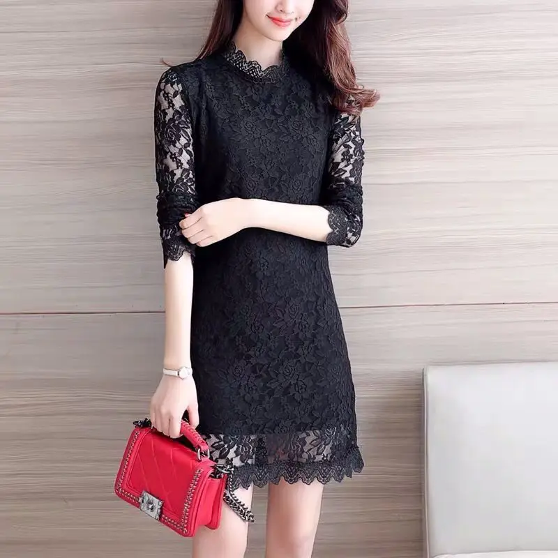 عالية الياقة زائد المخملية الباردة واقية الدانتيل منتصف طول تي شيرت الخريف الشتاء الناس الصغار سميكة فستان دافئ #3