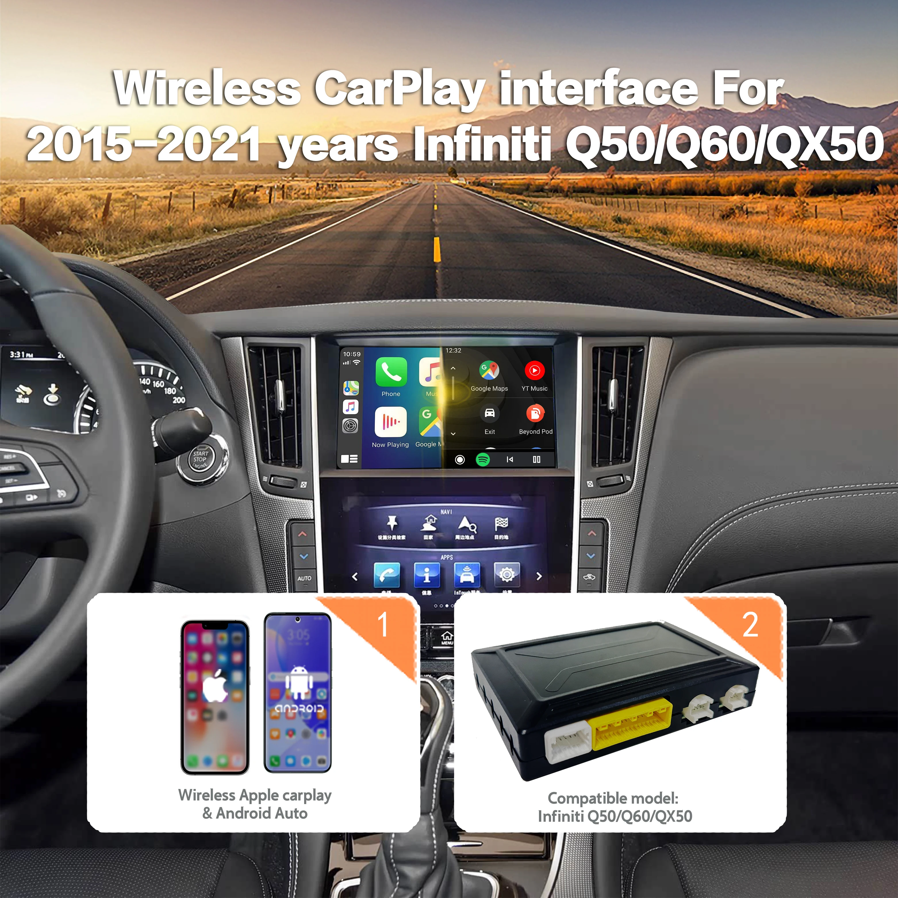 

Car Multimedia Navigation Upgrade Box For Infiniti Q50 Q60 QX50 2015–2021 Wireless CarPlay Android Auto