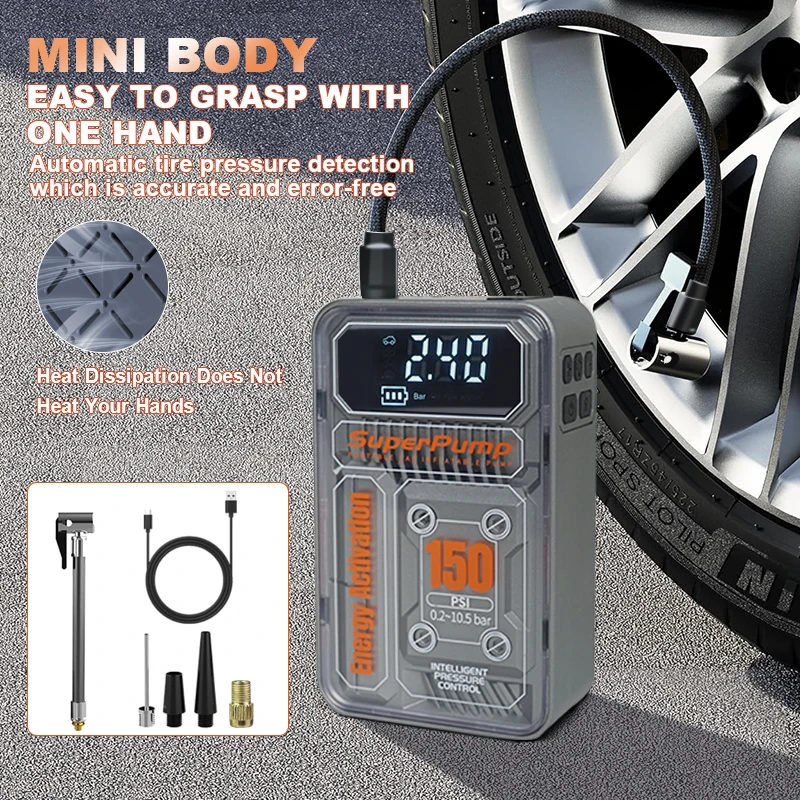 4000mAh Portable Car Air Compressor Tire Inflator 150PSI Electric Wireless/Wired Car Air Pump for Motorcycle Bicycle Car Tyre