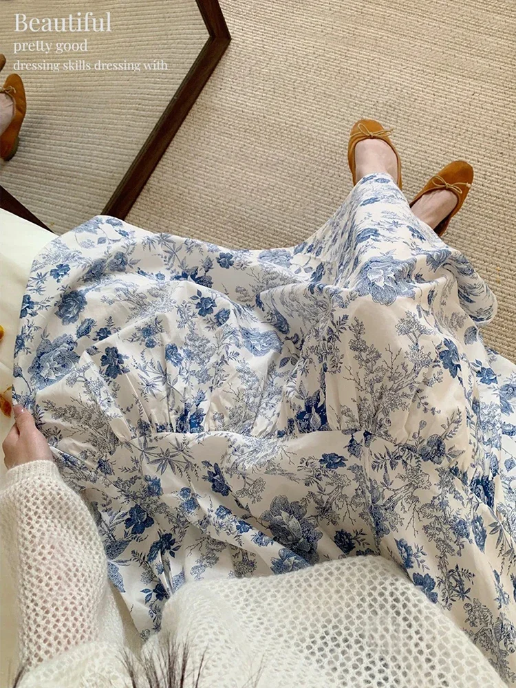 2025 verão novas saias de impressão floral feminino retro solto a linha saia casual versátil saias de cintura elástica