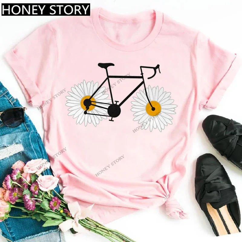 Funny Flower Bicycle Women T Shirt  Bicycle Print Vintage Aesthetic Clothes Graphic T-shirts Y2k Tops Harajuku Oversized Tee