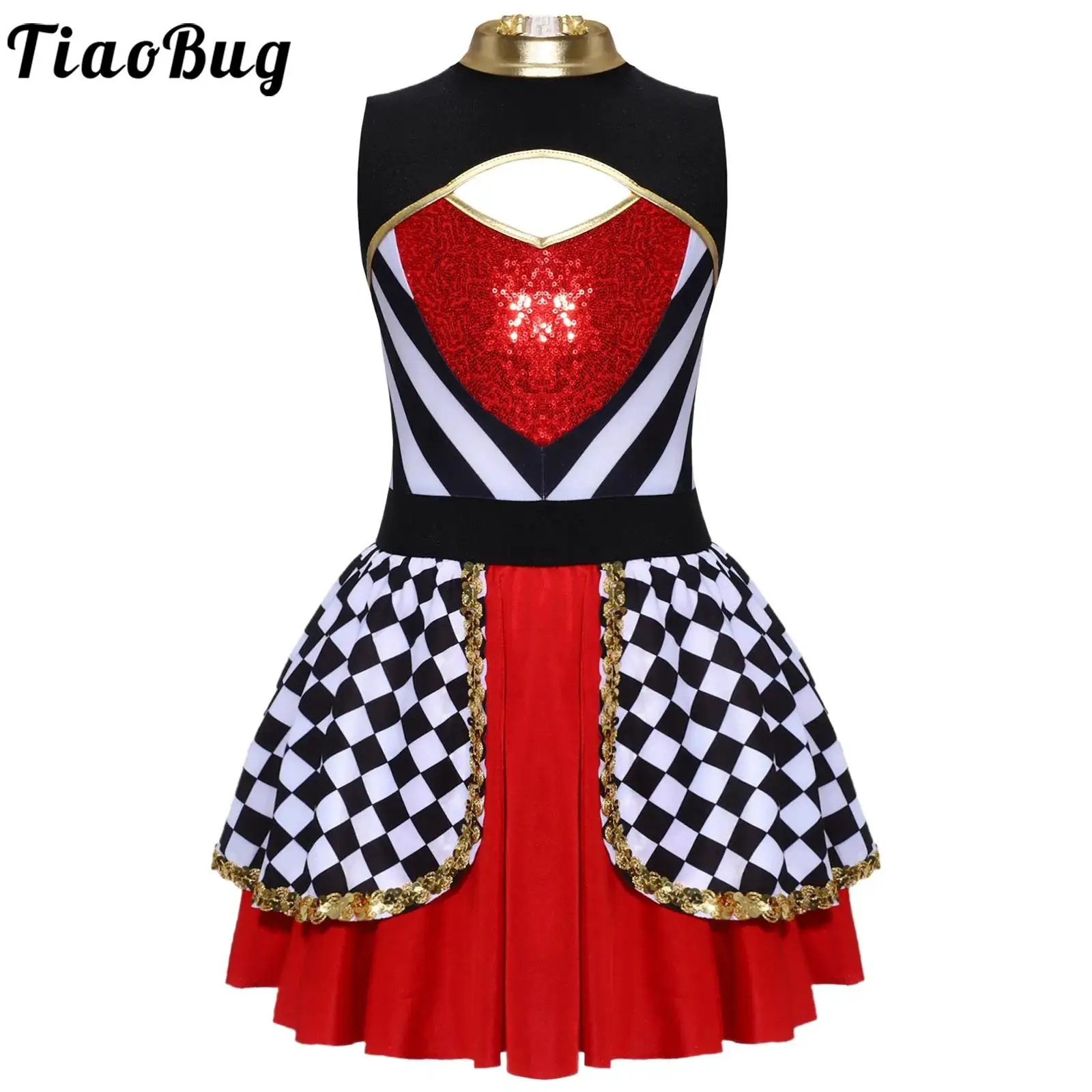 Girls Circus Ringmaster Wonderland Queen Princess Cosplay Costume Halloween Carnival Party Dress Up Sequins Striped Plaid Dress