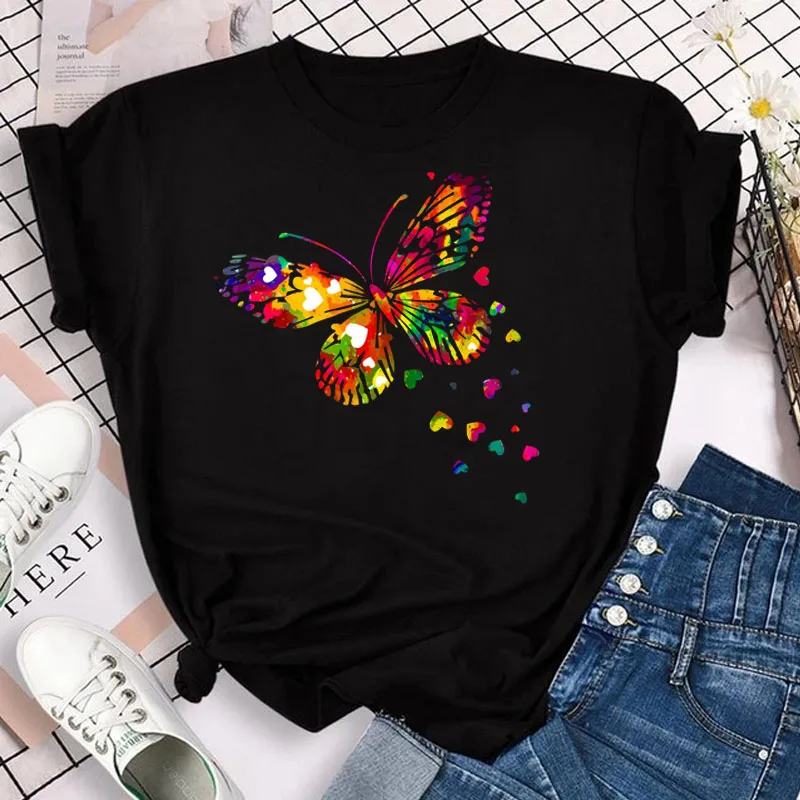 Maycaur New Colorful Butterfly Print Short Sleeve T Shirt Fashion Women T-shirt Cartoon Graphic Tee Shirts Female Tops Clothing