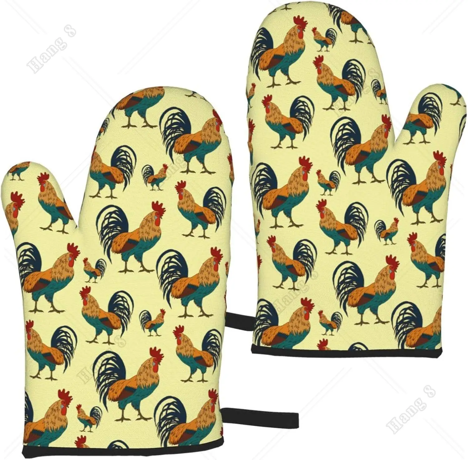 Farm Roosters On Bright Colors Oven Mitts Waterproof Non-Slip Heat Resistant Kitchen Gloves for Baking Cooking Grilling BBQ