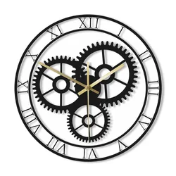 Black Gear Retro Roman Numerals Wall Clock Industrial Home Decor Silent Non Ticking Clock Wheel Of Time Mechanic Artwork Watch