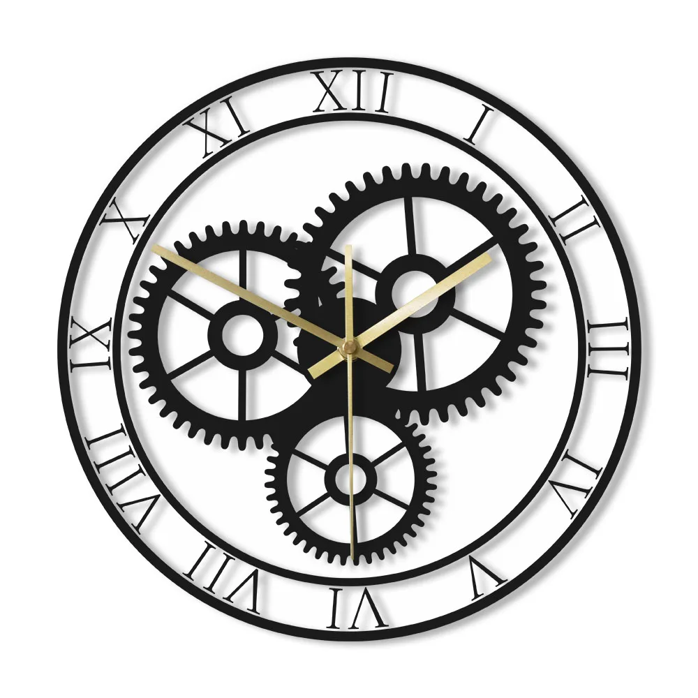 Black Gear Retro Roman Numerals Wall Clock Industrial Home Decor Silent Non Ticking Clock Wheel Of Time Mechanic Artwork Watch