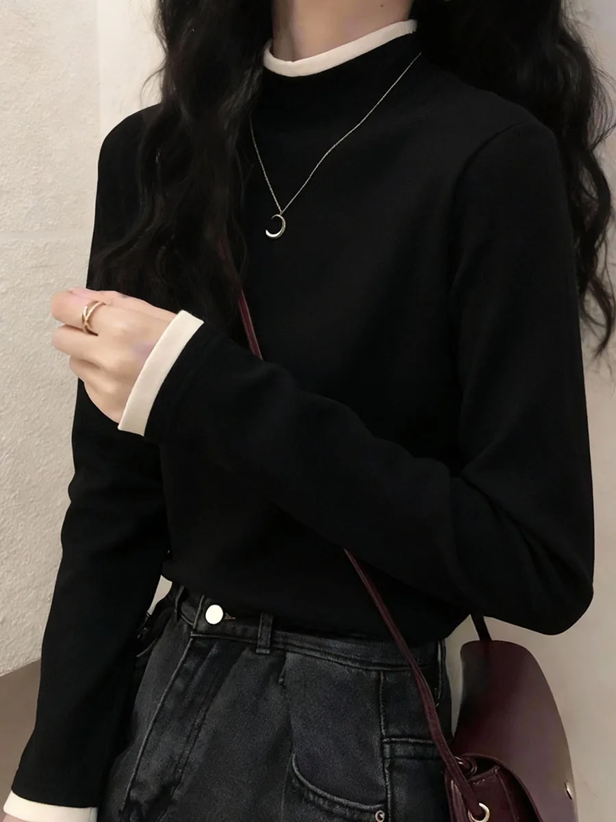 Women's Long Sleeve Fleece Lined Half High Collar Base Shirt Inner Wear Casual Style Polyester Blend Winter Top plus Size