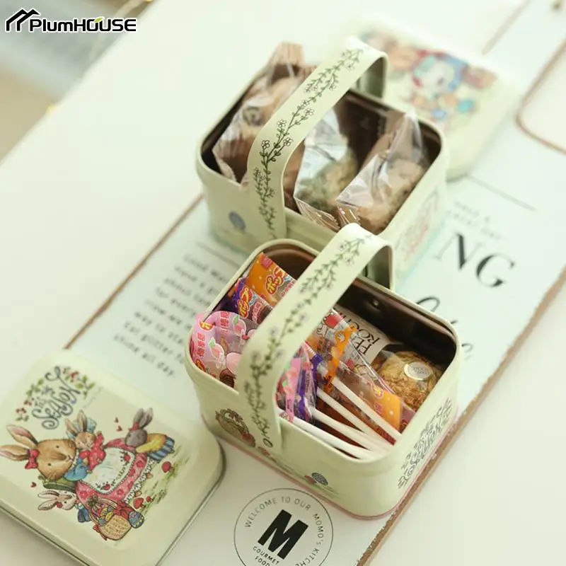 Candy Box Cartoon Rabbit Pattern Good Sealing Tin With Handle Vintage Suitcase Gift Giving Portable Easter Holiday Cookie Tins