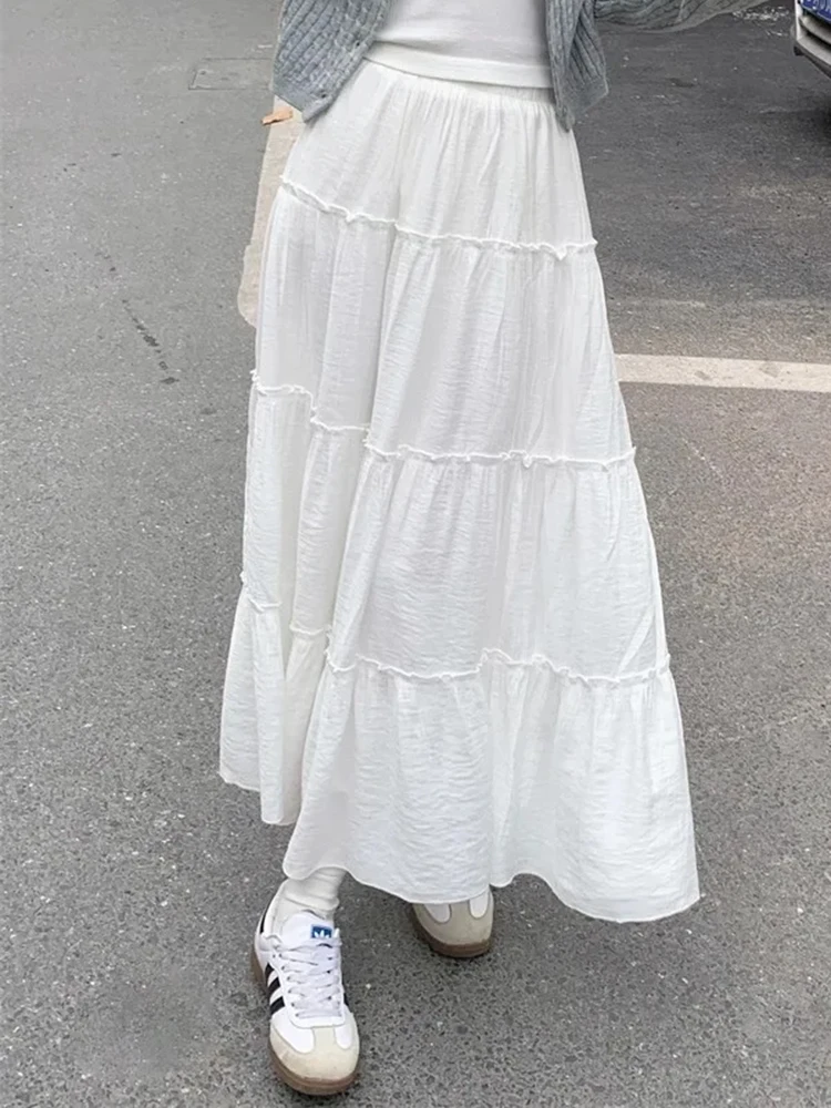 

Women Korean Style A Line Midi Skirt Flowy White Tiered Cake Skirt Elegant Princess Umbrella Skirt for Spring Summer
