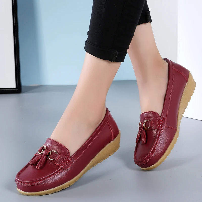 

2025 New Spring Women Shoes Wedge Round Toe Genuine Leather Shoes Woman Slip On Soft Sole Female Loafers Plus Size 35-44 WSH2684
