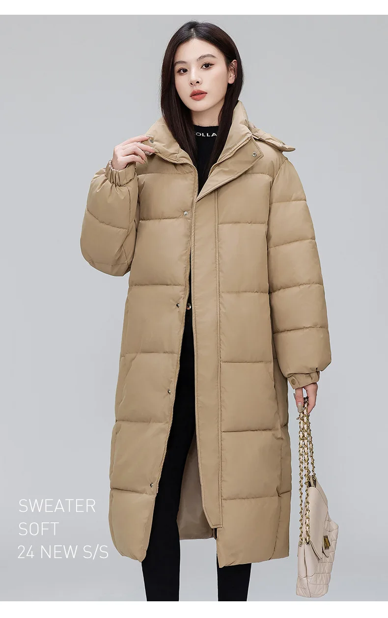 Winter Long Puffer Coat for Women Hooded Quilted Windproof Warm Zip Up Outerwear Russian Cold Weather Snow Jacket Over Knee Cozy
