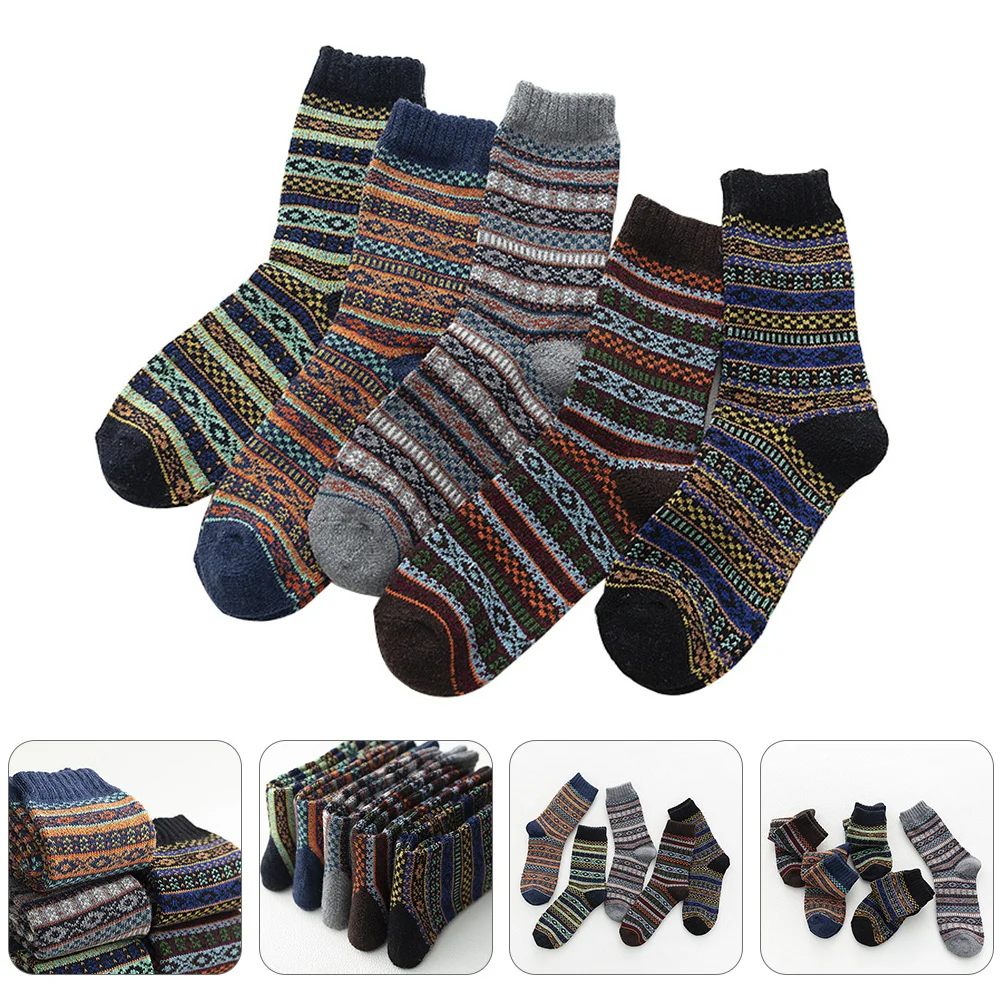

5Pairs Women Wool Socks Vintage National Style Warm Soft Breathable Winter Socks Thick Mid-Calf Wool Stockings