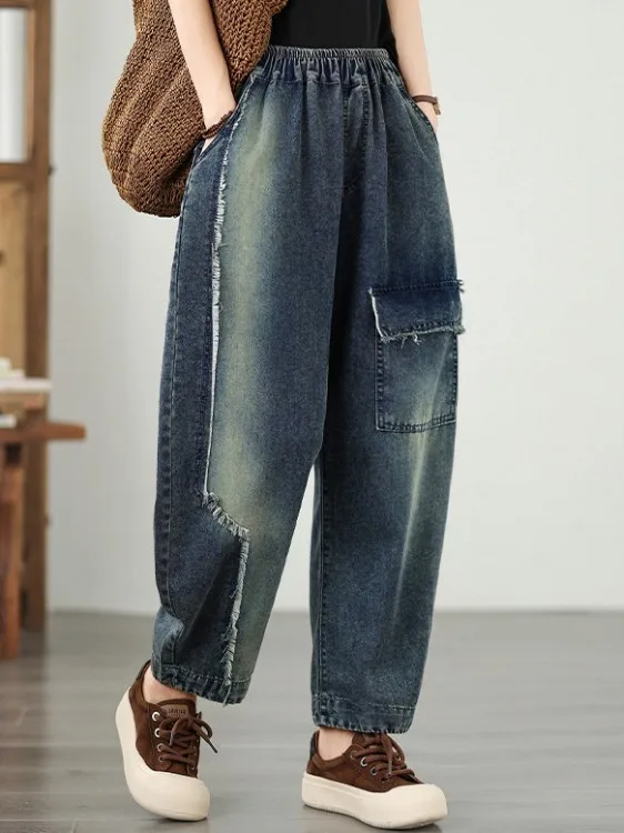 

Повседневные джинсы Харлан, большие размеры, женские джинсовые брюки со свободной талией, утягивающие девять очков с бахромой, художественные пригородные брюки...