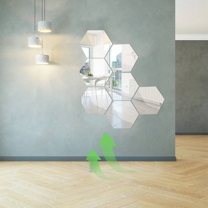 Adesivo de parede de espelho hexagonal acrílico, telhas autoadesivas adequadas para quarto de família e decoração de sala de estar