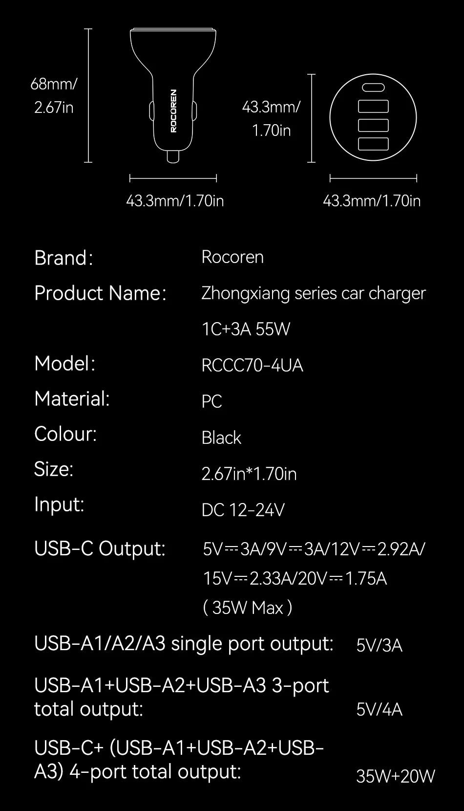 Rocoren 4-in-1 USB Typ-C Autoladegerät 55W Schnellladegerät PD QC4.0 USB-C Autoladegerät-Adapter für iPhone Xiaomi Samsung – Detail 29