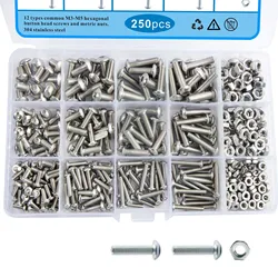 250 Pcs Machine Screw Assortment Kit, M3 M4 M5 Metric Bolts and Nuts Kit Hex Button Head 304 Stainless Steel Screw Kit