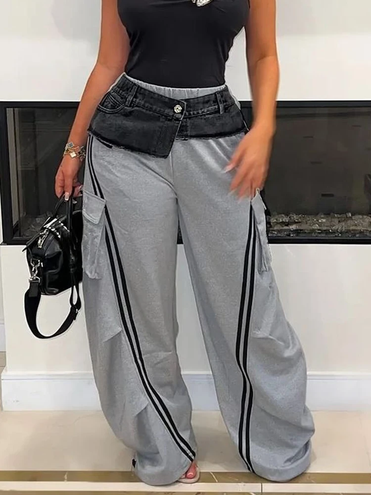 Weird Puss Patchwork Denim Wide-Leg Pants Y2K Women Hipster Chic Trend Side Pocket Stripe Streetwear Basic Casual Sporty Trouser