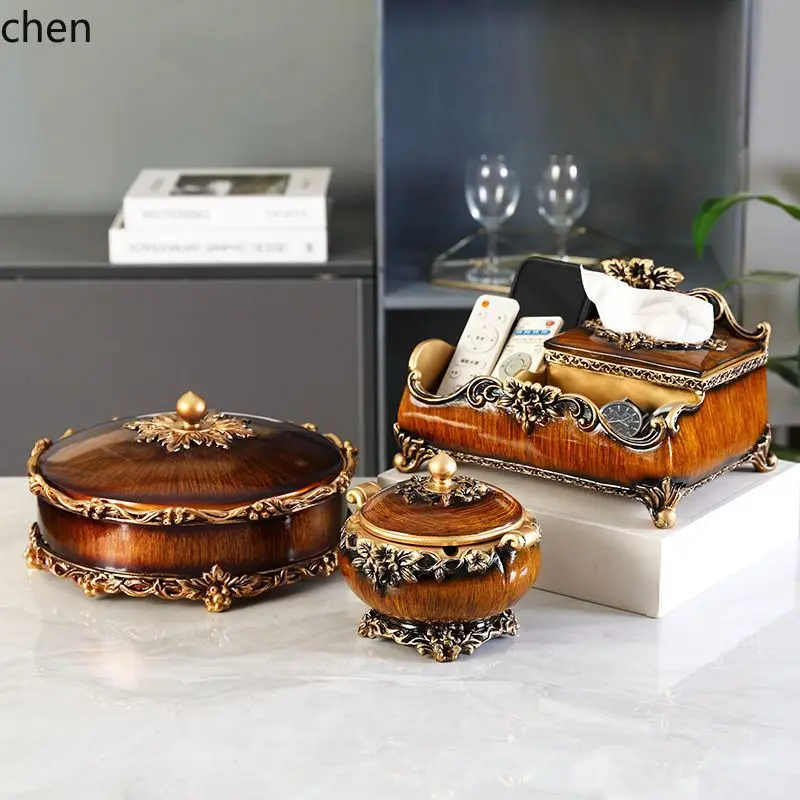 Zml ornament coffee table for homeretro wood grain dried fruit plate melon seed plate tissue box set