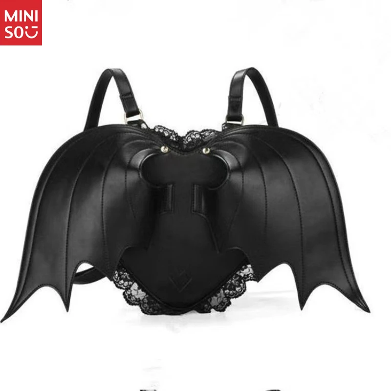 

Miniso Harajuku Punk Backpack, Goth Bat Wing PU Bag, Dark Angel Heart Women's Rucksack