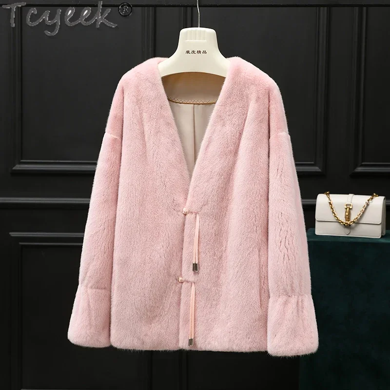 Tcyeek Real Fur Coat Women Natural Female Mink Fur Coats Elegant Warm Winter Clothes Women's Fur Jacket V-neck Fourrure Femme