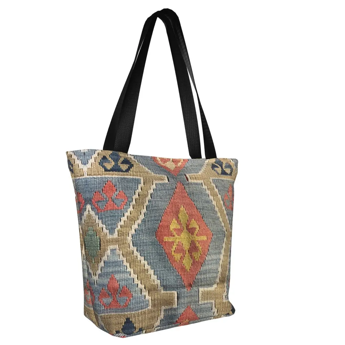 Navaho Weave Turkish Ethnic Kilim Shopping Tote Bags Reusable Vintage Persian Antique Tribal Canvas Grocery Shopper Shoulder Bag