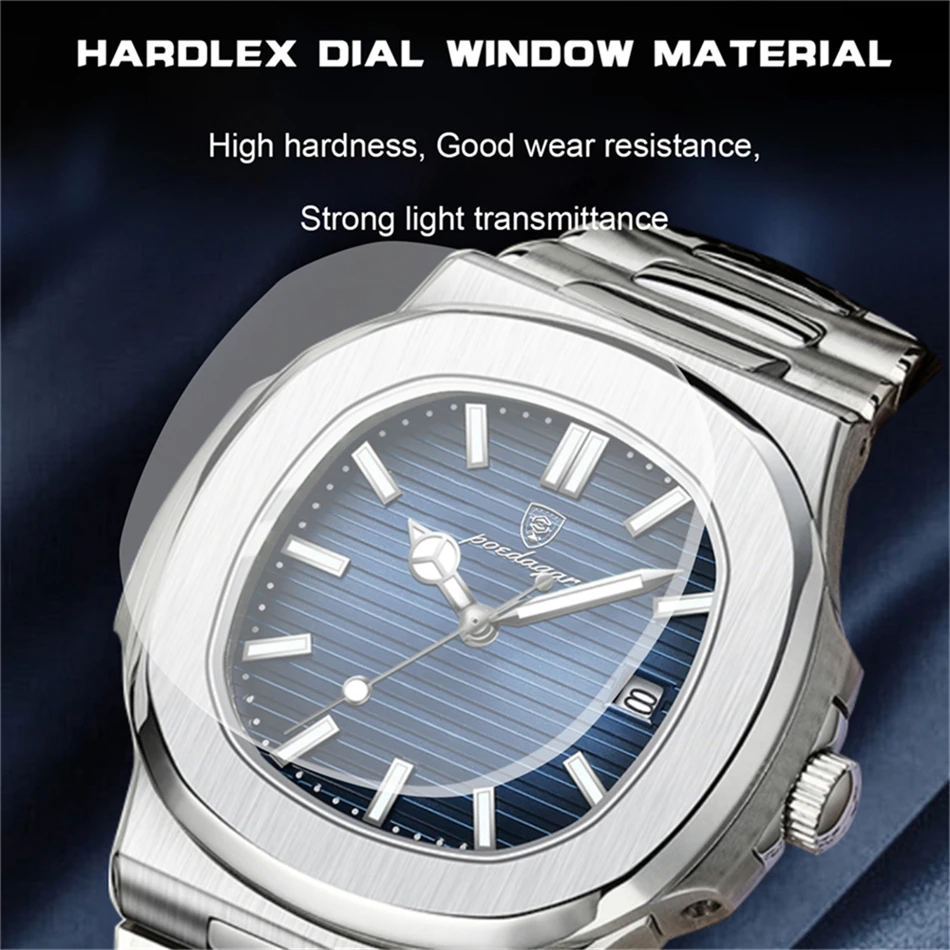POEDAGAR ساعة يد رجالية فاخرة مربعة مقاومة للماء وتاريخ مضيء من الفولاذ المقاوم للصدأ ساعة رجالية ساعات كوارتز رياضية للأعمال للرجال