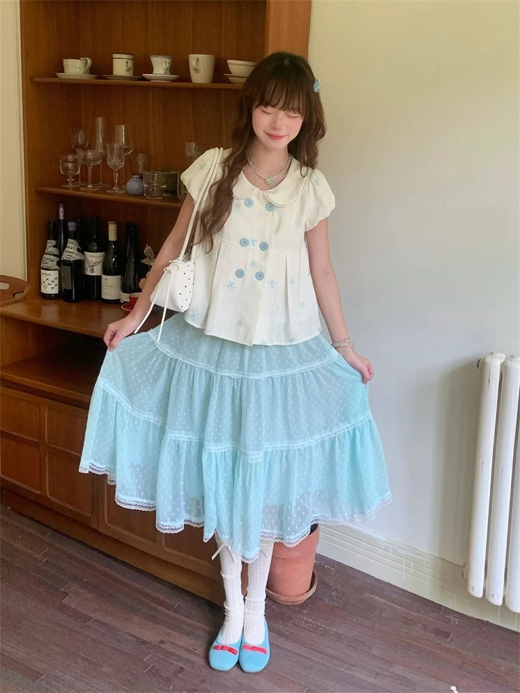 Sweet Harajuku Polka Dot Mint Green Embroidery Lace Double Breasted Blouse Tiered Skirt 2 Piece Set Women Puff Sleeve Daily Wear