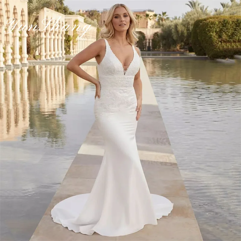 Yunshang-Vestidos De Novia elegantes De sirena para mujer, traje De encaje con cuello en V, espalda abierta, tirantes finos, tren De barrido