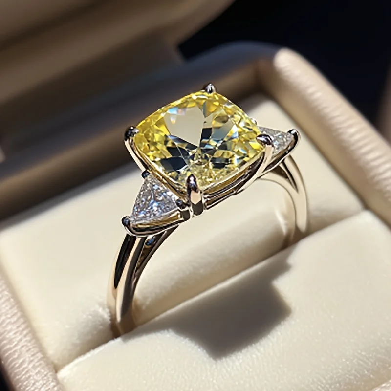 SGARIT Fine Jewelry 925 Sterling Silver Cushion Cut Natural Lemon Quartz Ring for Women Birthstone Gift Elegant Crystal Jewelry