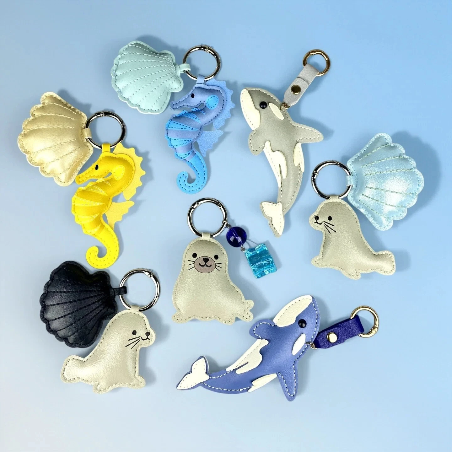 Cute PU Leather Keychain with Ocean Animal Charms - Stress Relief Sea Horse Shell Sea Lion Orca Pendant Gift Accessory