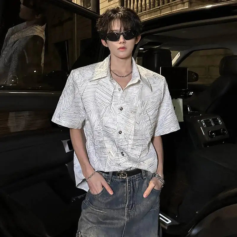 LUZHEN 2026 Summer Stripe Printed Textured Short Sleeve Shoulder Pad Shirts Men's Fashion Handsome Loose Casual Male Tops JY7773