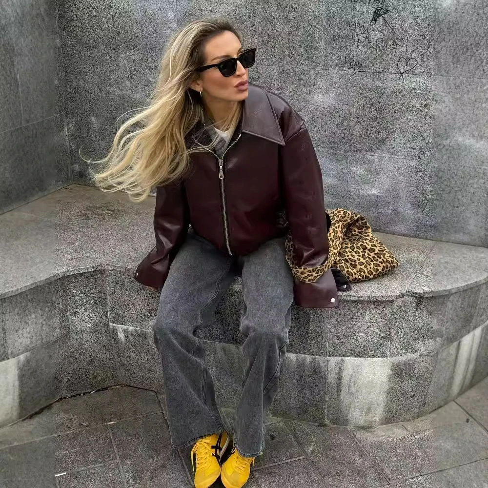 Women's Leaher Jaets Streetwear Outwear Fena Jaqueta Leather Coats Casual Long Sve Zipper Closure Busin Sle