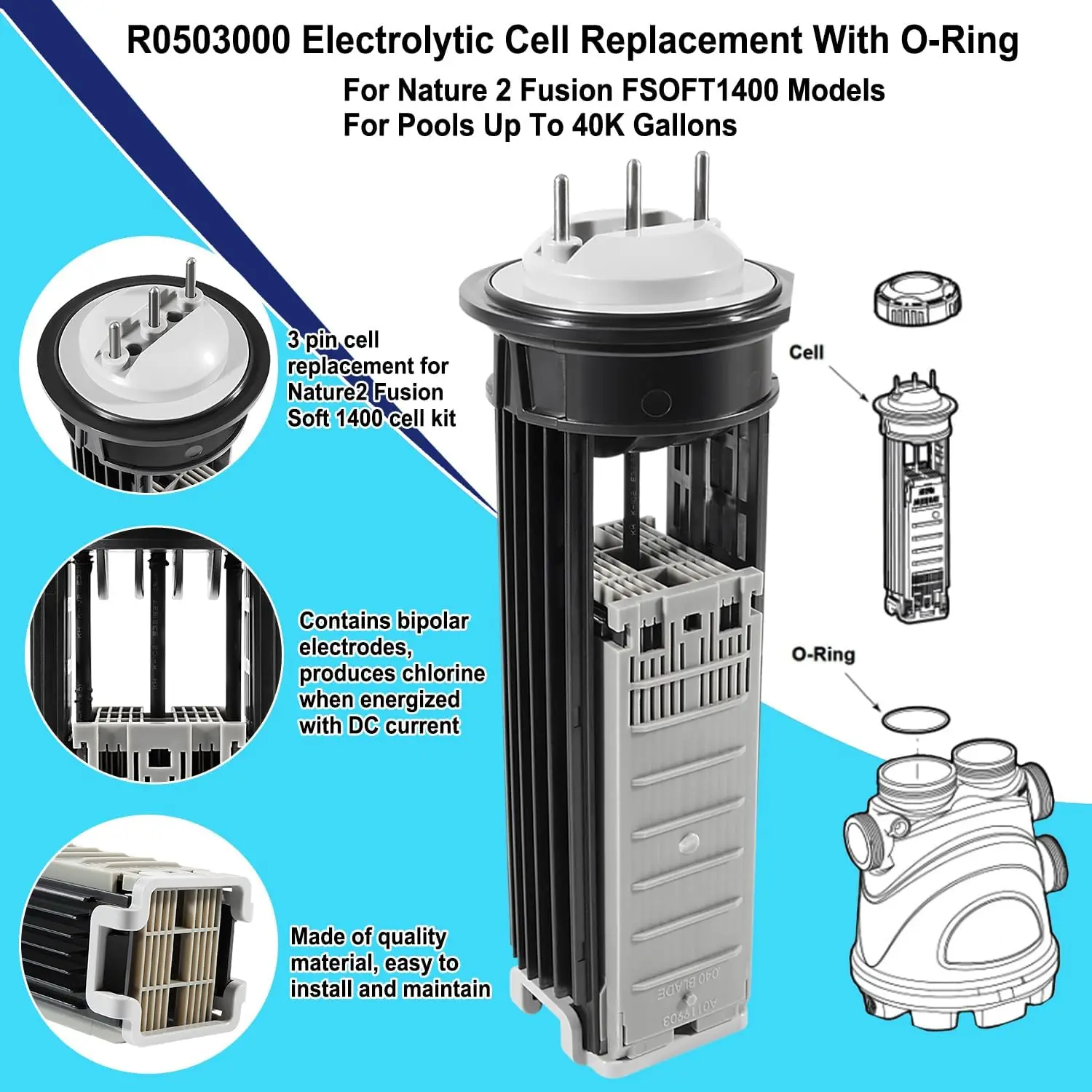 قطع غيار الخلايا الإلكتروليتية R0503000 مع حلقة دائرية مناسبة لنماذج Zodiac Jandy Nature2 Fusion FSOFT1400، للطبيعة #4