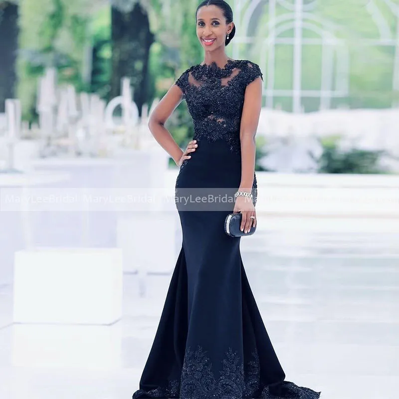 

Black Mermaid Bridesmaid Dresses Illusion Beaded Lace Applique Cap Sleeve Long Wedding Guest Dress Maid Of Honor Gowns for Women