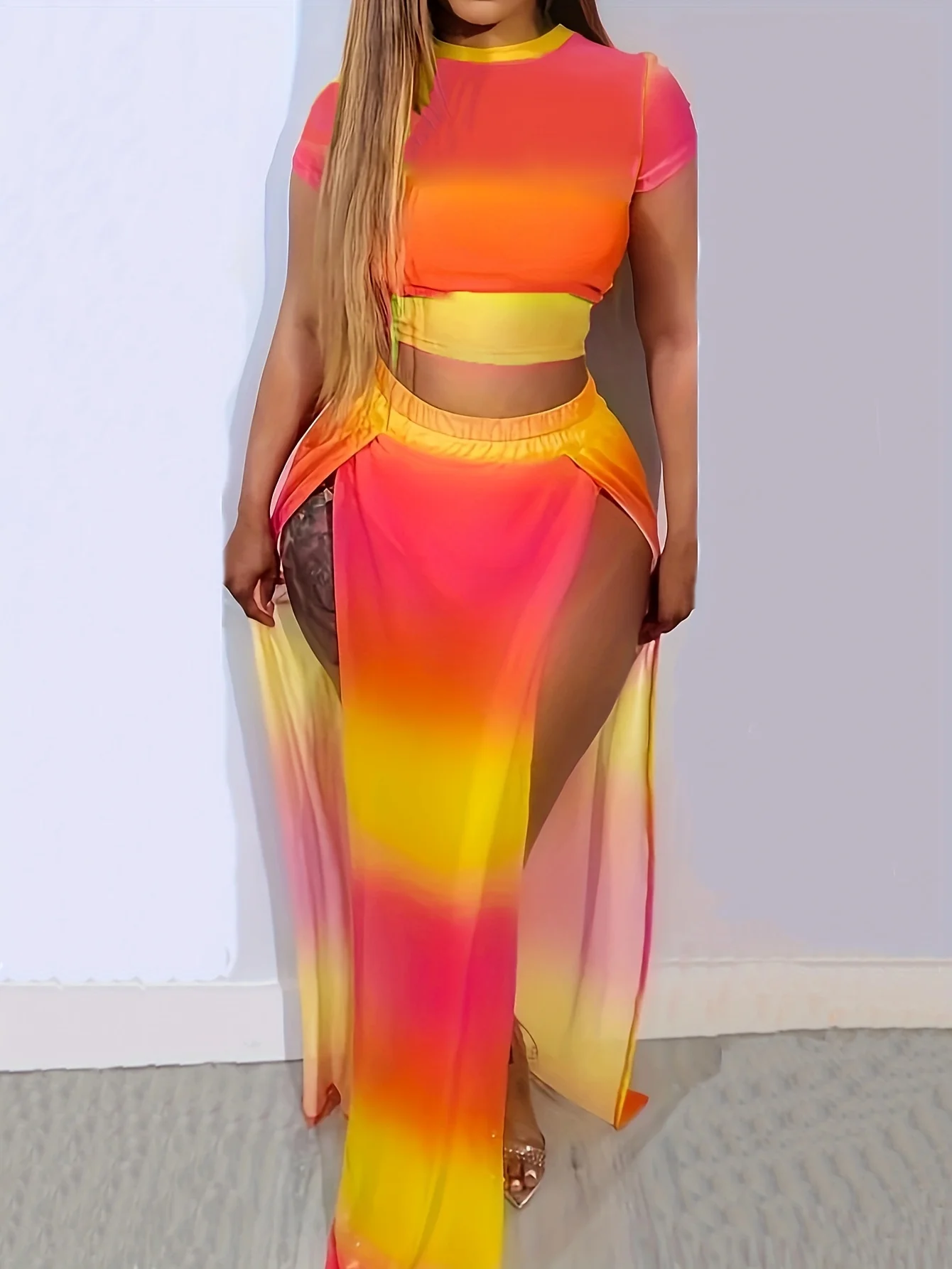 

Daily Vacation Mixed Print Round Neck Short Sleeved Slit Skirt Two-piece Set