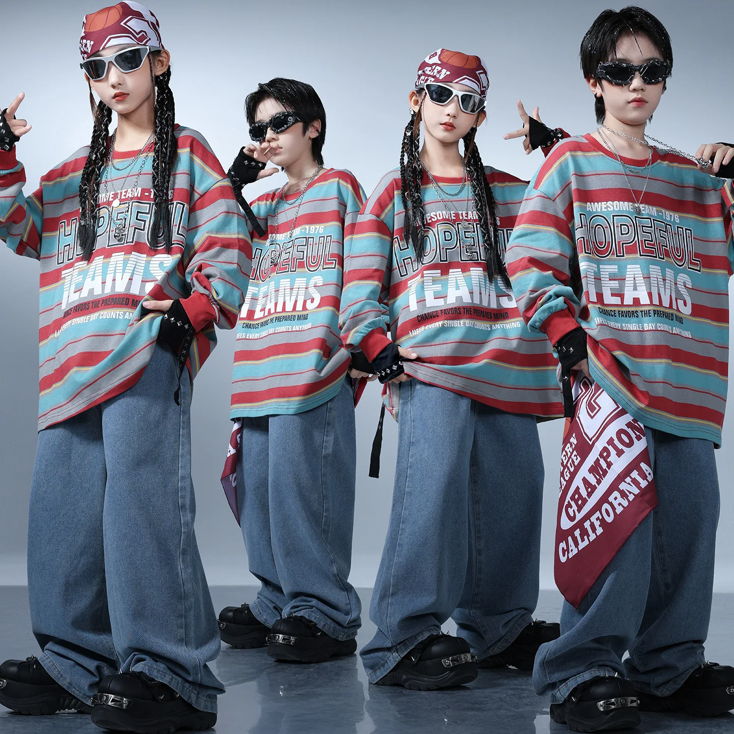 

Kid Kpop Hip Hop Clothing Orange Striped Sweatshirt Denim Blue Wide Jeans Baggy Pants for Girl Boy Street Dance Costumes Clothes