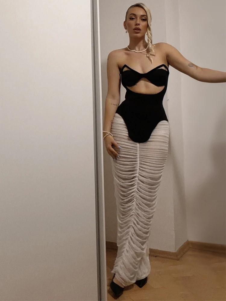 Kliou Sexy Fashion 2 Piece Set Woman Wrap Chest Hollow Design Irregular Tank Tops+Mesh Patchwork Long Skirts Wild Style Outfits