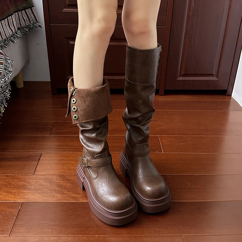 Autumn Winter Platform Thick Bottom Women Long Boots Fashion Slip On Shoes Vintage Ladies Knight Botas