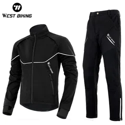 WEST BIKING Winter Thermal Cycling Suit Windproof Breathable Men Cycling Coat Outdoor Sports Jacket Pants Set Fleece Sportswear