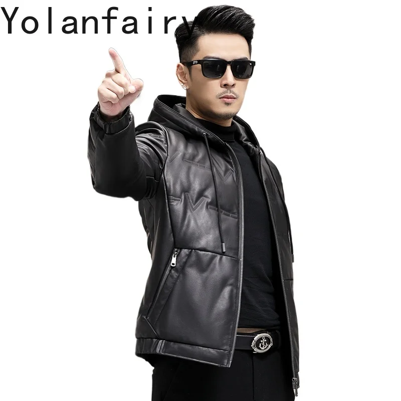 

YOLANFAIRY 100% Genuine Cowhide Leather Jackets Man Hooded Winter Short Down Coat Puffer Jacket Warm Top Layer Cow Leather Coats